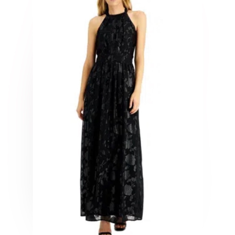 NWT INC Women's Halter Maxi Black Shine Evening Dress. Size 12